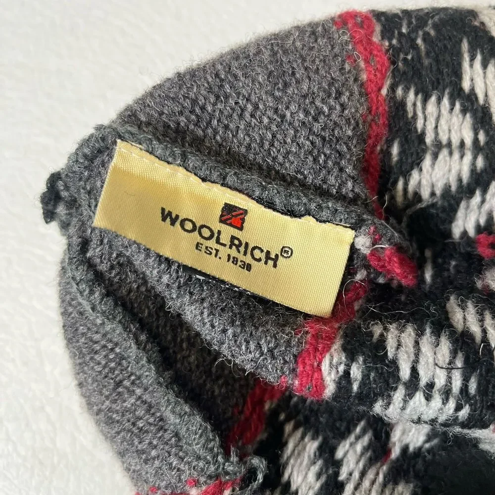 Vtg Woolrich Hat Black Gray Red Fair Isle Wool Blend Winter Beanie Ski Snow
